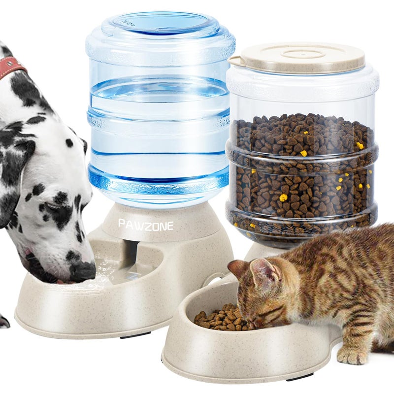 Pawzone 2 Pack Automatic Cat Feeder and Water Dispenser in Set Pet Food Bowl for Small Medium Dog Pets Puppy Kitten Big Capacity 1 Gallon x 2 (Cream) - Image 1
